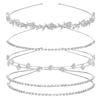 Four silver Babelshar rhinestone headbands with clear round stones, designed for bridal, wedding, and special occasion wear.