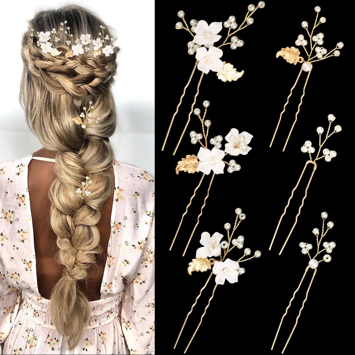 Version 1.0.0 Close-up of 6 ornate gold leaf and flower pearl bridal hair pins, scattered on a soft white background.