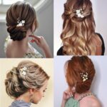 Close-up of 6 ornate gold leaf and flower pearl bridal hair pins, scattered on a soft white background.