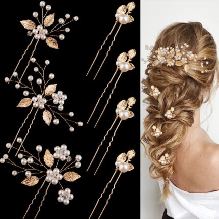 Close-up of 7 gold leaf and pearl wedding hair pins, showcasing intricate details and varying styles.