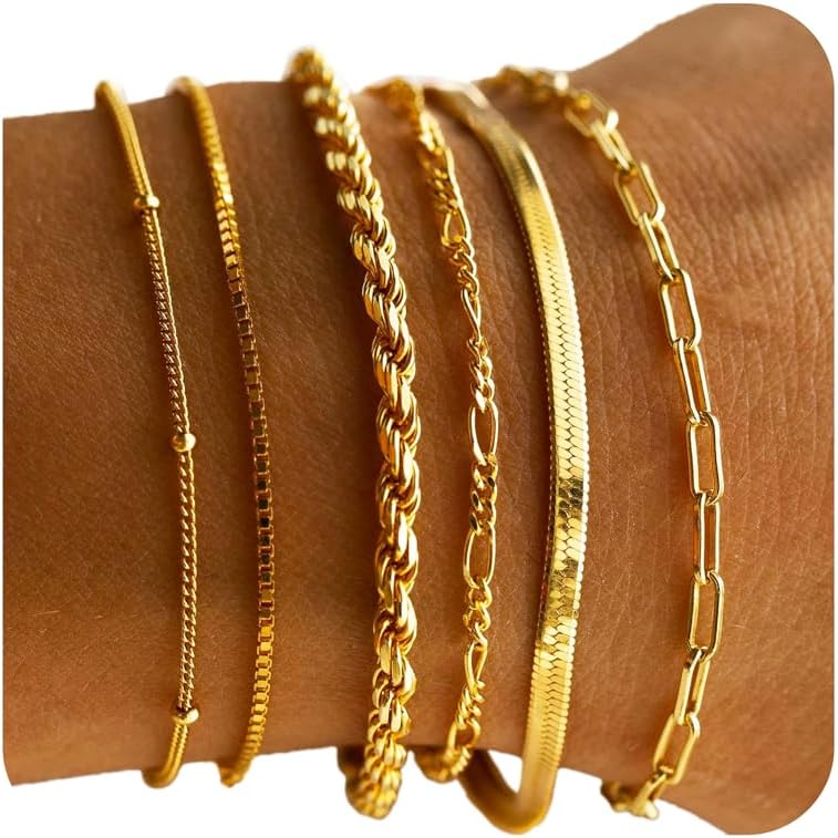 DEARMAY 6-Piece 14K Gold Plated Herringbone & Cuban Chain Bracelet Set for Women
