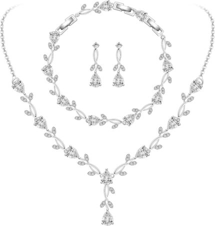 Close-up of a GZWHD white gold plated brass bridal jewelry set with cubic zirconia necklace, earrings, and bracelet.