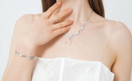 Close-up of a GZWHD white gold plated brass bridal jewelry set with cubic zirconia necklace, earrings, and bracelet.