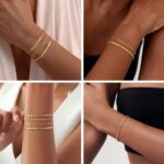 Close-up of MBW Dainty Gold Layering Bracelet Set, showing a mix of thin chains and small beads on a wrist.