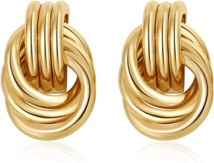 A pair of SHERLOVE Chunky Knot Gold Drop Earrings, 14K gold plated, showcasing their unique knot design and dangle style.