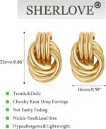 A pair of SHERLOVE Chunky Knot Gold Drop Earrings, 14K gold plated, showcasing their unique knot design and dangle style.