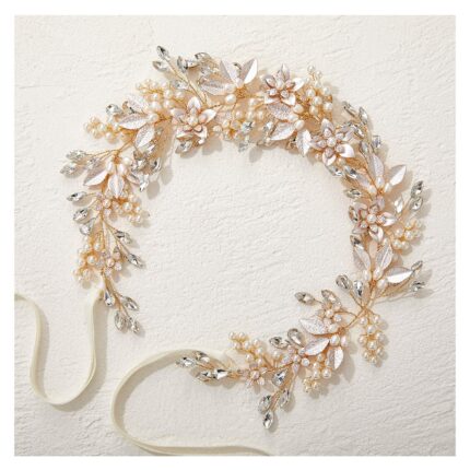Close-up of a gold SWEETV bridal headband featuring delicate flower and leaf designs with pearls and rhinestones.