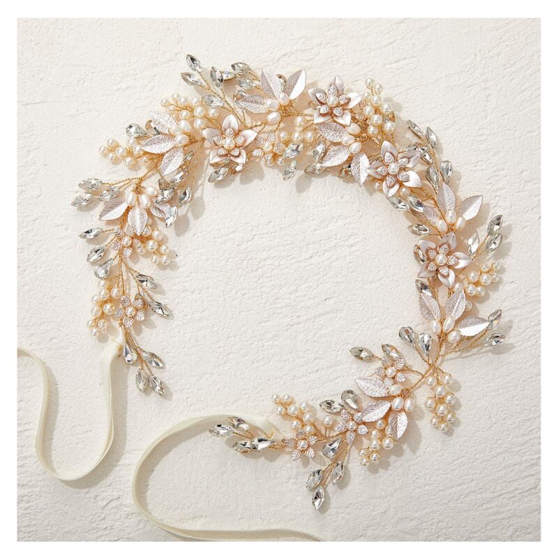 Close-up of a gold SWEETV bridal headband featuring delicate flower and leaf designs with pearls and rhinestones.