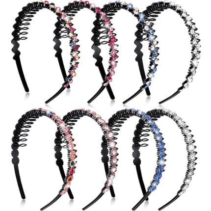 Eight multicolor Syhood rhinestone headbands with teeth combs, arranged to showcase their two distinct styles.