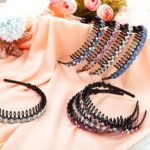 Eight multicolor Syhood rhinestone headbands with teeth combs, arranged to showcase their two distinct styles.