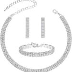 Close-up of a Tatibana Crystal Wedding Jewelry Set featuring a silver necklace and matching earrings with sparkling crystals.