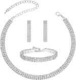 Close-up of a Tatibana Crystal Wedding Jewelry Set featuring a silver necklace and matching earrings with sparkling crystals.