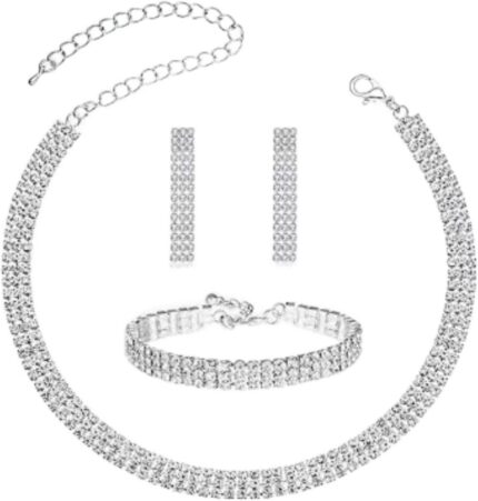 Close-up of a Tatibana Crystal Wedding Jewelry Set featuring a silver necklace and matching earrings with sparkling crystals.