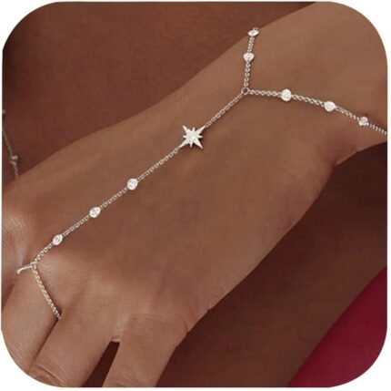 XSBODY silver star dainty hand chain bracelet with crystal accents for women, featuring a rope chain and lobster claw clasp.