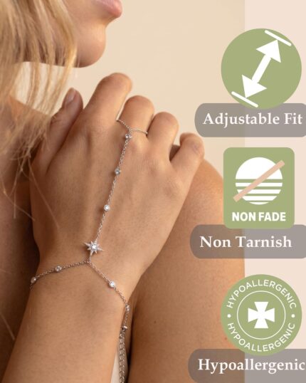 XSBODY silver star dainty hand chain bracelet with crystal accents for women, featuring a rope chain and lobster claw clasp.
